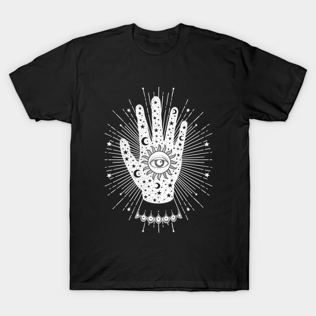 Palmistry Palm with All Seeing Eye, Sun, Moon and Stars in White T-Shirt by The Lunar Resplendence